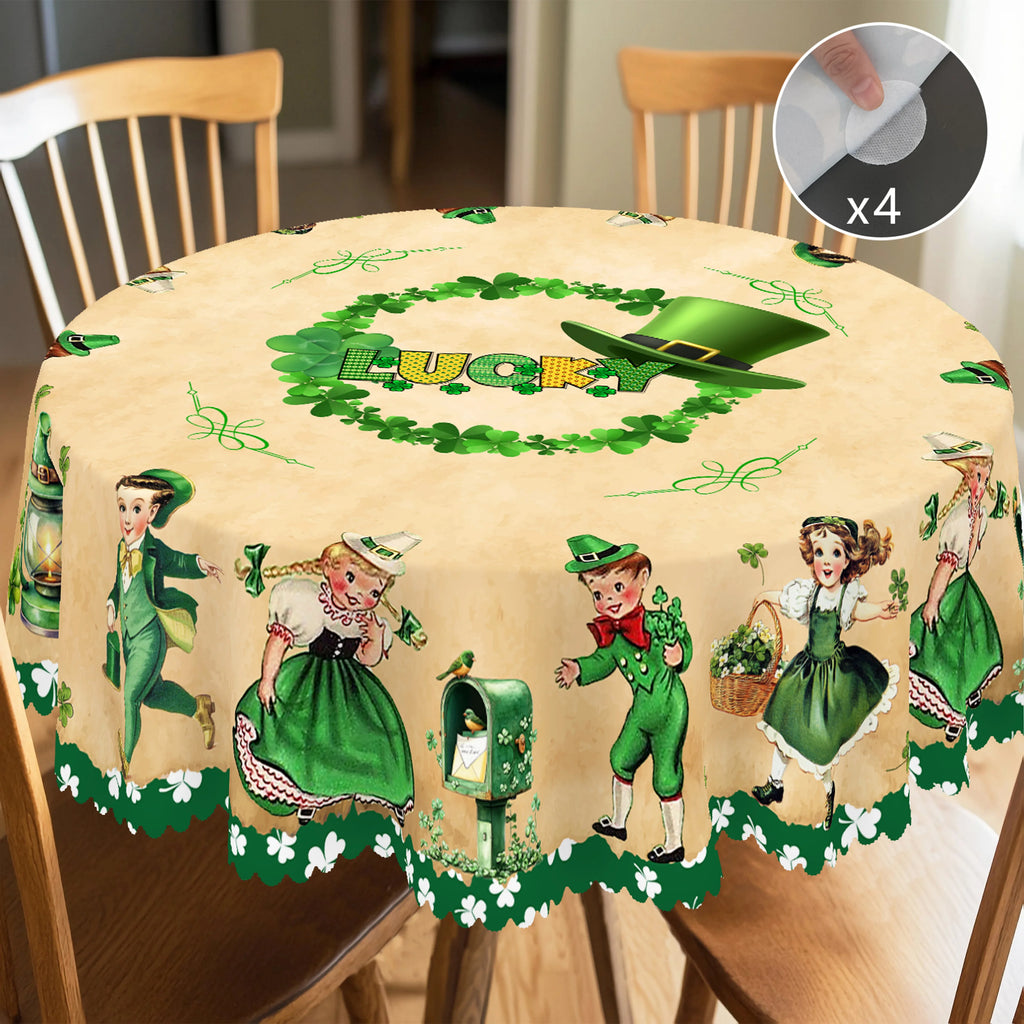 1 Piece of St. Patrick's Day Square Tablecloth, 5 Sizes Available, Dancing Irish Children's Printed Tablecloth, Green Lucky Four-Leaf Clover Round Tablecloth, Edge Embossing Process, Spring Garden Tablecloth Decoration, Table
