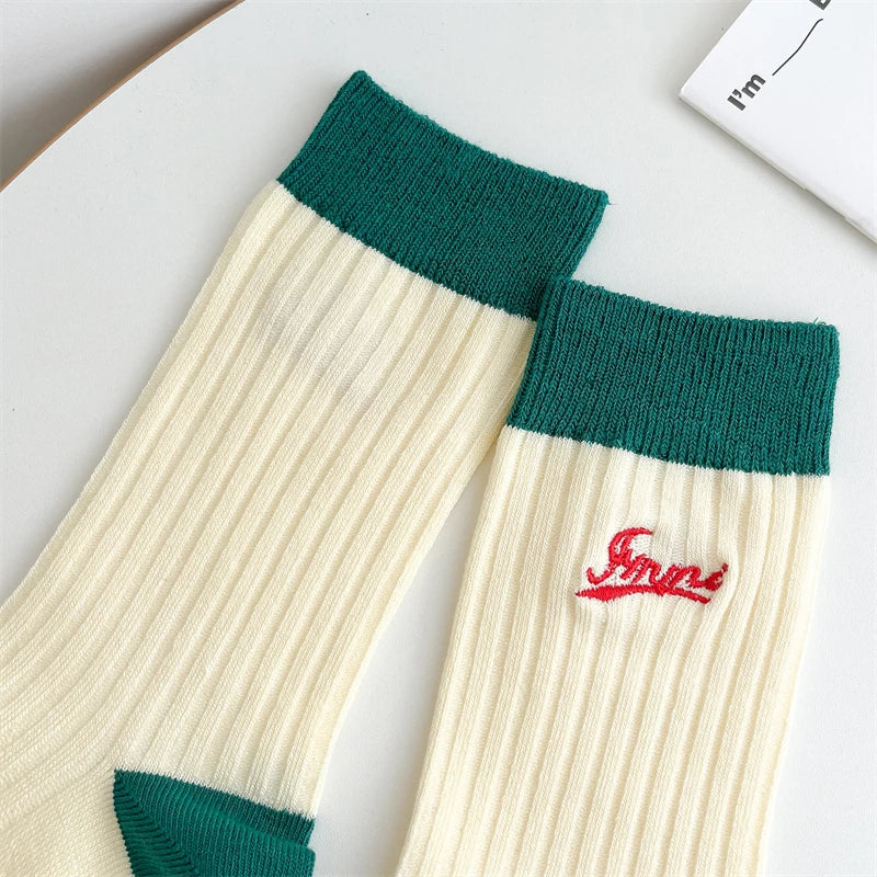 Socks For Women New Fashion Autumn Striped Cotton Long Socks Breathable Soft Korean Style Cute Embroidery Girls Casual Comfort