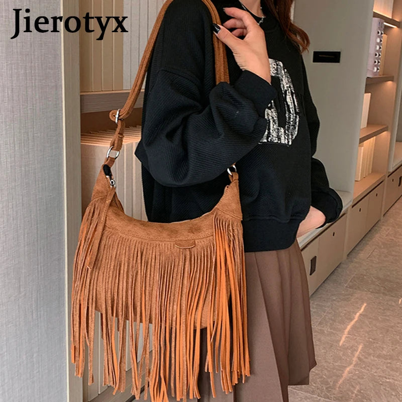 JIEROTYX Decor Fringe Trim Crossbody Purse Bag for Women Vintage Tassel Faux Suede Handbag Messenger Shoulder Bags