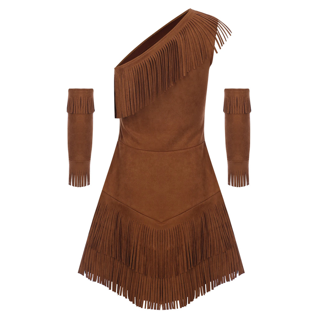 Womens Indian Native Cosplay Costume Halloween Cosplay Party Dress One Shoulder Sleeveless Fringe Dress Up with Tassel Sleeves