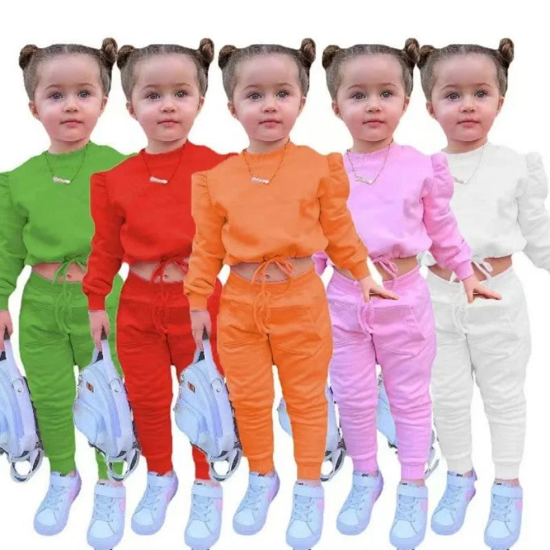 Children's Kids Girls Fall Clothing Outfits Solid Color Long Sleeve Crop Tops+Sport Pants Trousers Fashion Clothes Sets 1-7Y