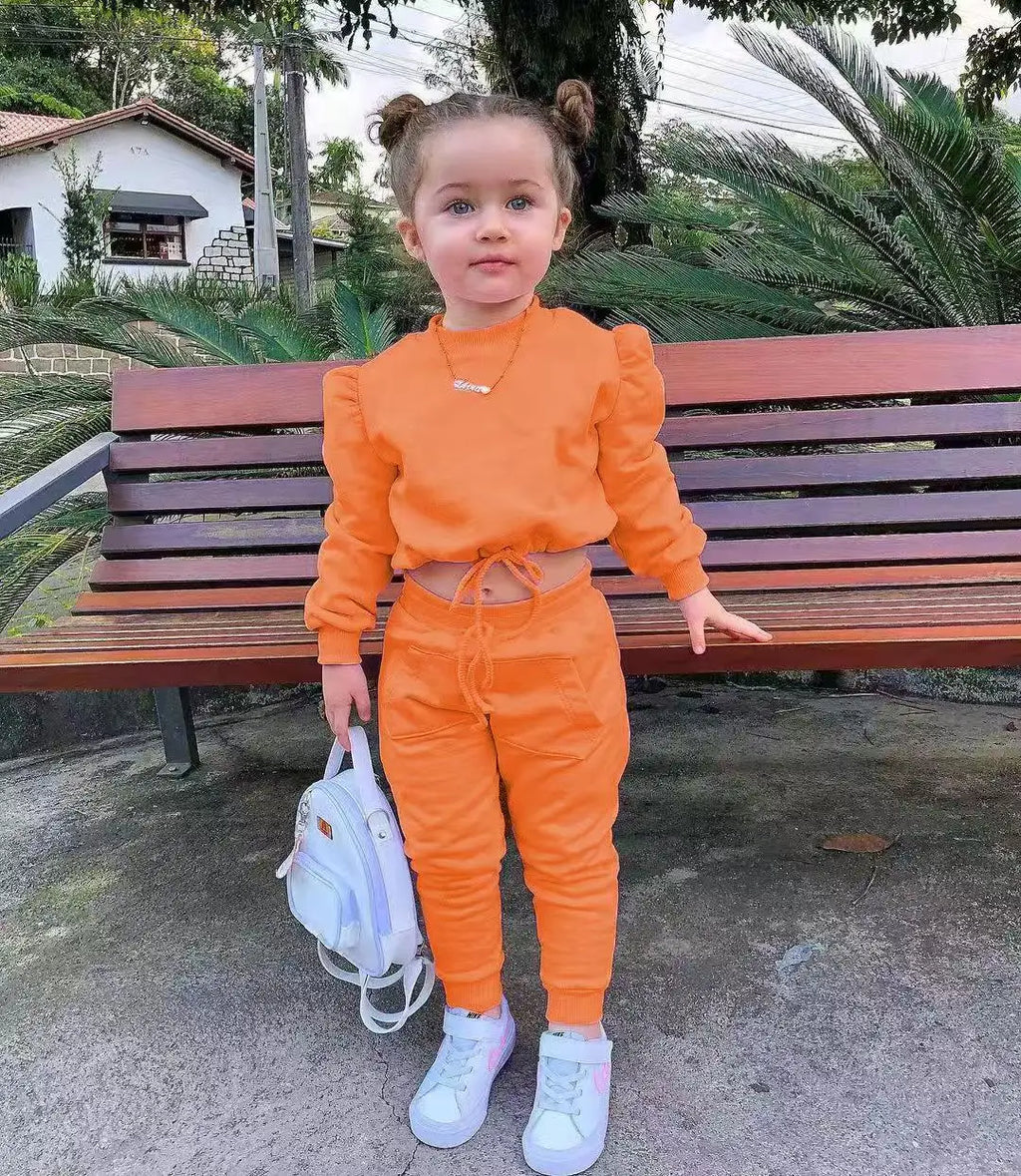 Children's Kids Girls Fall Clothing Outfits Solid Color Long Sleeve Crop Tops+Sport Pants Trousers Fashion Clothes Sets 1-7Y