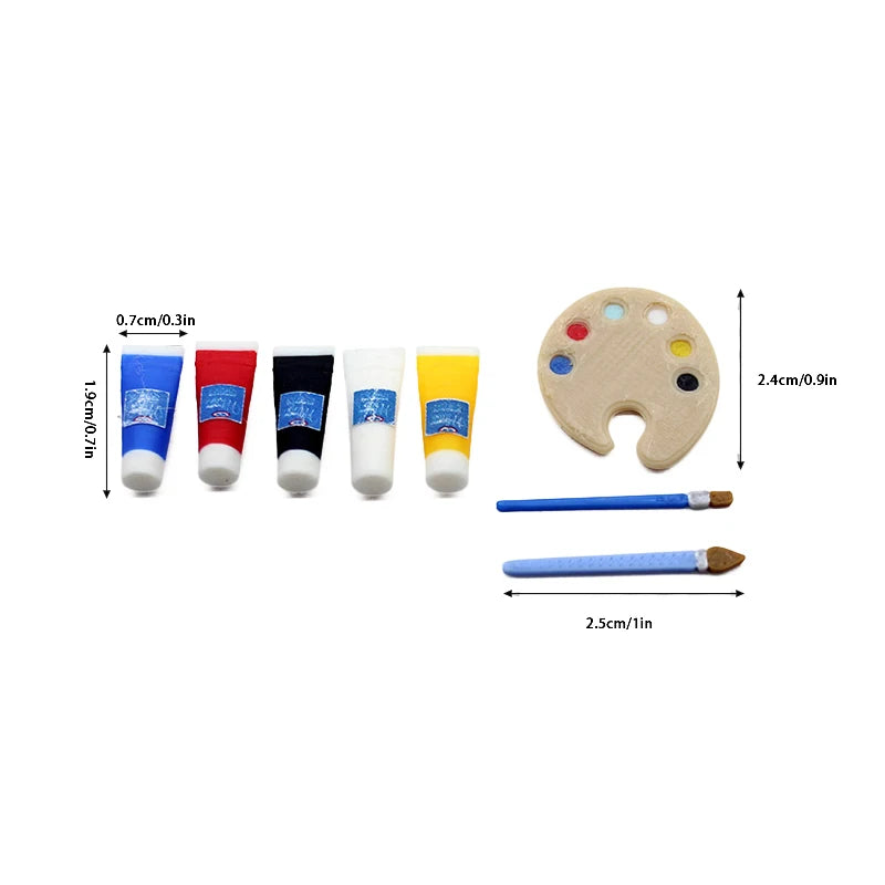 1/12 Mini Dollhouse Art Supplies; Pigment Tube, Brush, Palette Model; Ideal Dolls House Draw Room Decoration Accessories