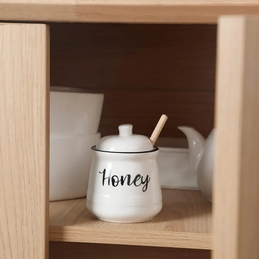 Farmhouse Porcelain Honey Jar with Dipper and Lid Set 12ozEasy to Clean White