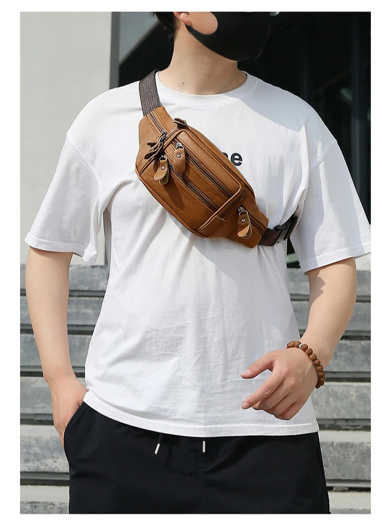 Large Capacity Waterproof PU Leather Men's Waist Bag Male Zipper Site Workers Travel Phone Bag Fanny Pack Men