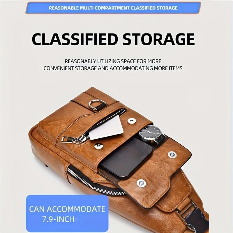 New PU Leather Crossbody Bag Vintage Casual Chest Bag Men Women Large Capacity Waterproof Sling Bag Simple Business Shoulder Bag