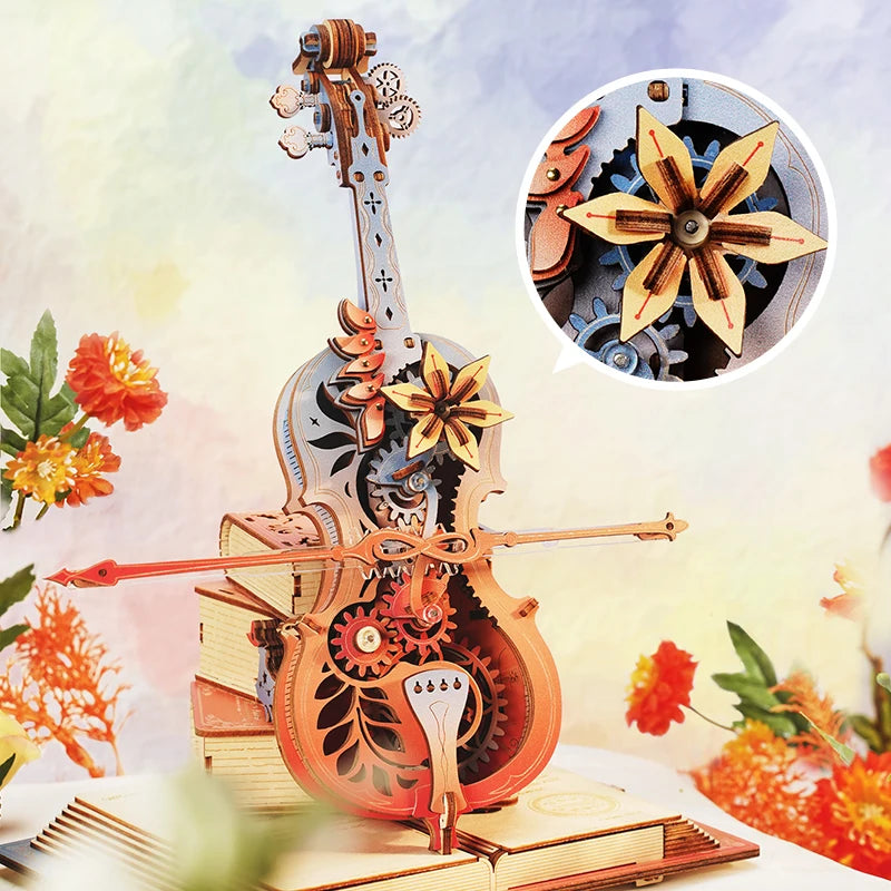 Robotime Magic Cello Adults 3D Puzzles Wooden Music Box Puzzle to Build Unique Music Gift Hobby Kits Cat's Sky City Music Box