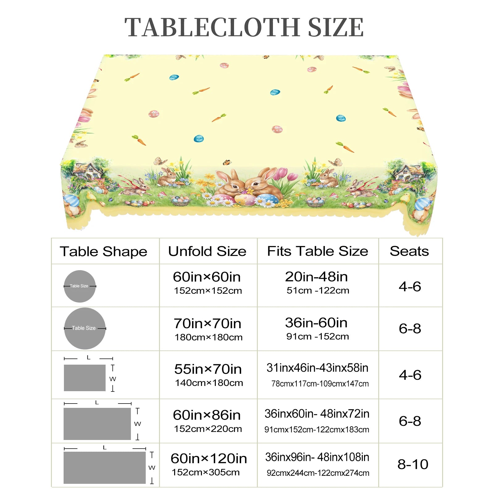 1 Easter Round Tablecloth, 5 Sizes Available, Tulip Easter Bunny Egg Garden Printed Square Tablecloth, Edge Embossing Process, Spring Garden Tablecloth Decoration, Tablecloth for Daily Home Kitchen, Terrace Use, Easter Decora