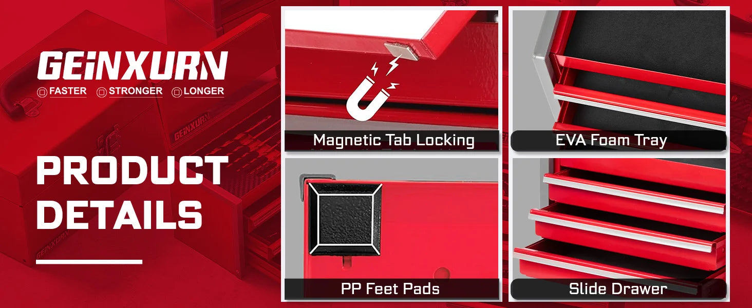 Geinxurn Mini Tool Box, Red Portable 3 or 5 Drawer Micro Roll Cab Steel Stackable Tool Cases with Magnetic Tab Locking