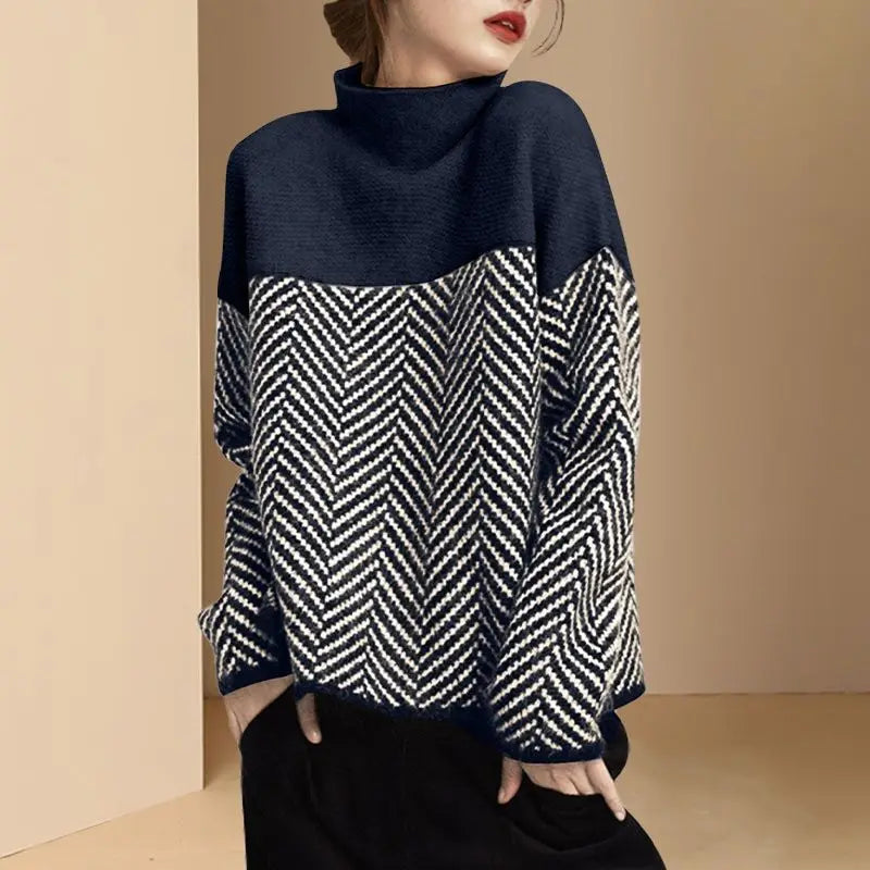 Women's Clothing Contrast Color High-neck Knitted Pullover Sweater for Women Autumn Winter Casual Temperament Loose Slimming Top
