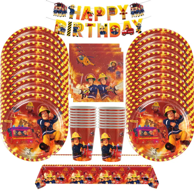 Fireman Sam Party Supplies Disposable Tableware Set Paper Plates Cups Tablecloth Fire Truck Birthday Party Decor Boys Baby Showe