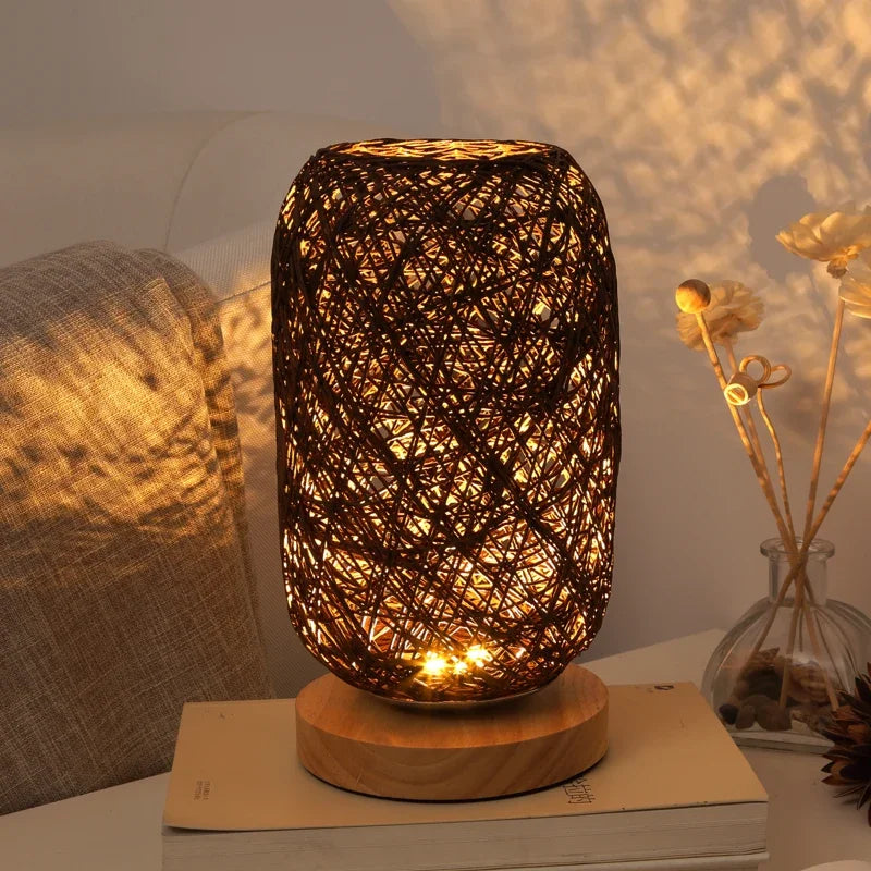 Wooden base Rattan Twine Ball Lights Table Lamp Home Decor Living Room Bedroom Bedside Desk Lamp Night light USB and EU plug