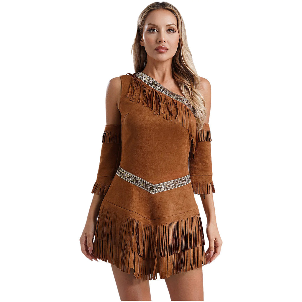 Womens Indian Native Cosplay Costume Halloween Cosplay Party Dress One Shoulder Sleeveless Fringe Dress Up with Tassel Sleeves