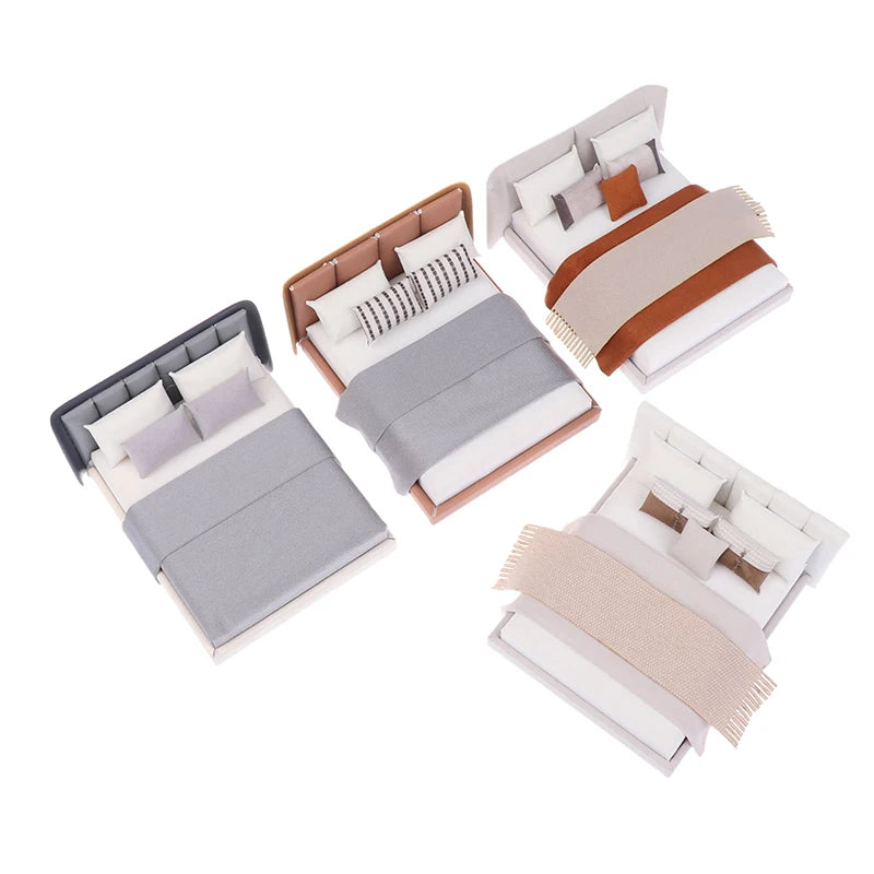Dollhouse Cream Color Double Bed Model For Bedroom Micro Landscape Scene Miniature Furniture Doll Accessories