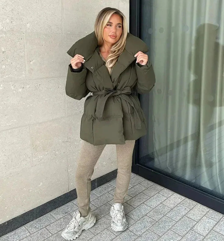 2025 Women's Clothing Parkas Warm-Weather Waist-Defining Long-Sleeve Tie-Waist Loose-Fit Solid-Color Fashionable Cotton Coat