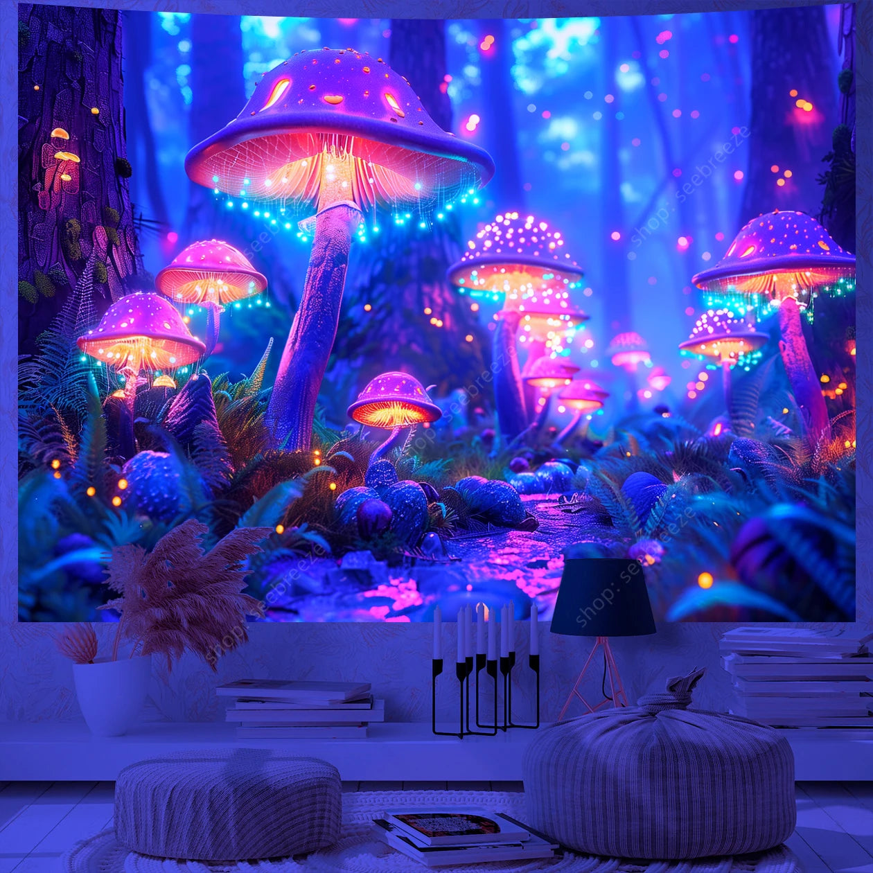 Fantasy Mushroom UV Reactive Tapestry Beautiful Floral Plant Tapestry Wall Hanging Gothic Home Wall Decor Room Decor Aesthetic
