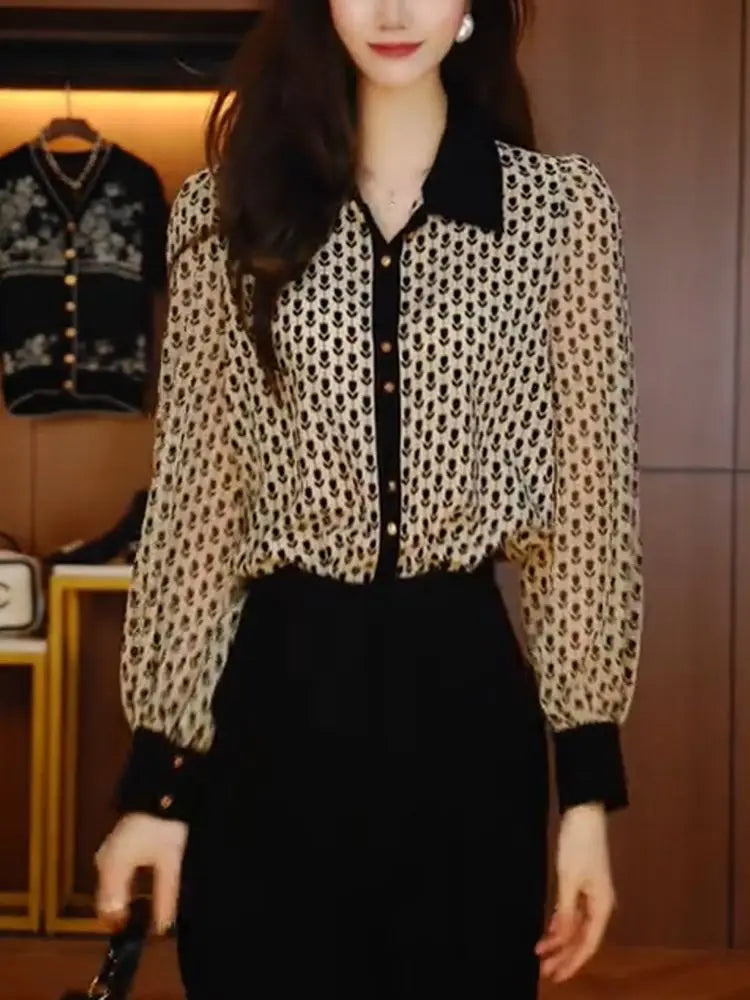 Women's Clothing Retro Floral Shirt Slimming Versatile for Spring and Summer Blouses