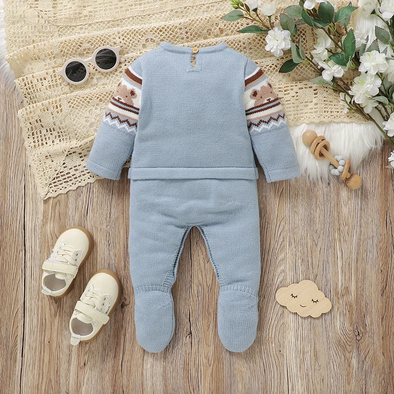 Baby Romper Knitted Toddler Kid Clothes 0-9M Infant Overalls Cute Bears Newborn Boys Girls Jumpsuit Long Sleeve Foot Wrap Autumn