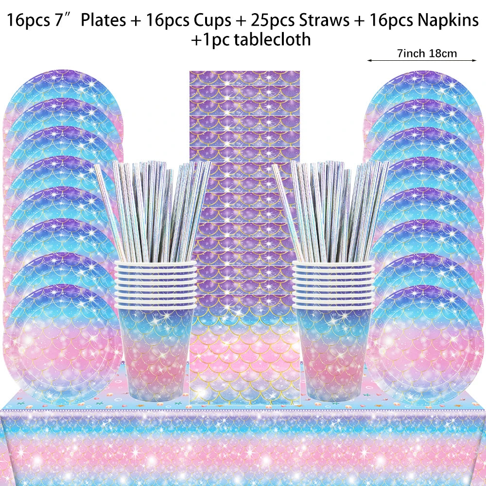 Mermaid Disposable Tableware Set Little Mermaid Paper Plates Cup Napkin Tablecloth Mermaid Birthday Party Decoration Girl