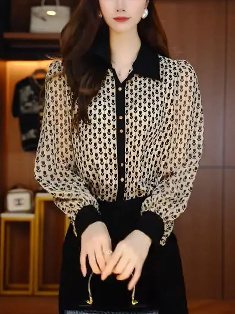 Women's Clothing Retro Floral Shirt Slimming Versatile for Spring and Summer Blouses