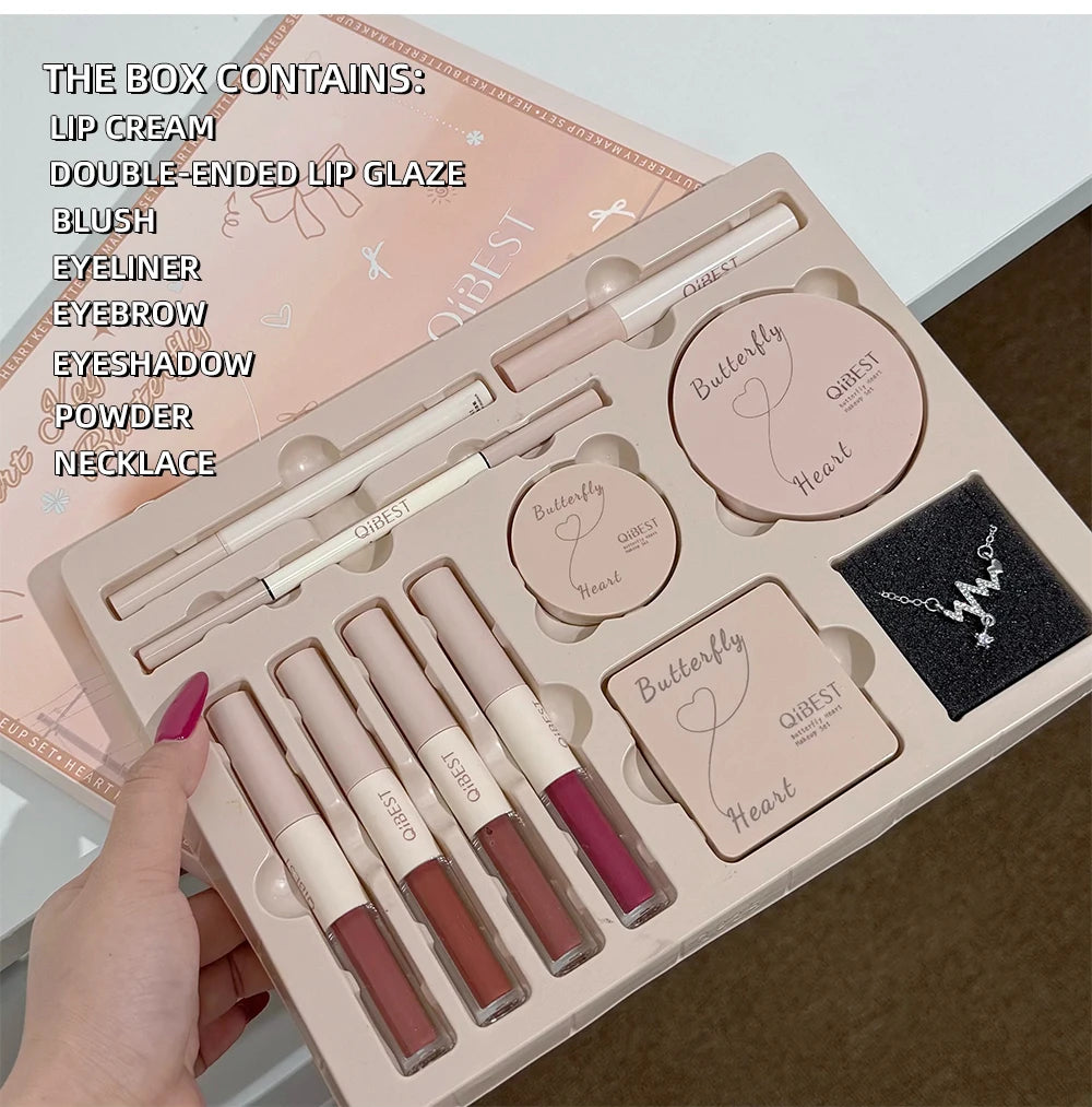 QIBEST Face Makeup Set 4pc Double End Lip Glaze, Pressed Powder,Blush,Eyeshadow, Eyebrow Pen,Eyeliner,Lip Oil Gift Cosmetics