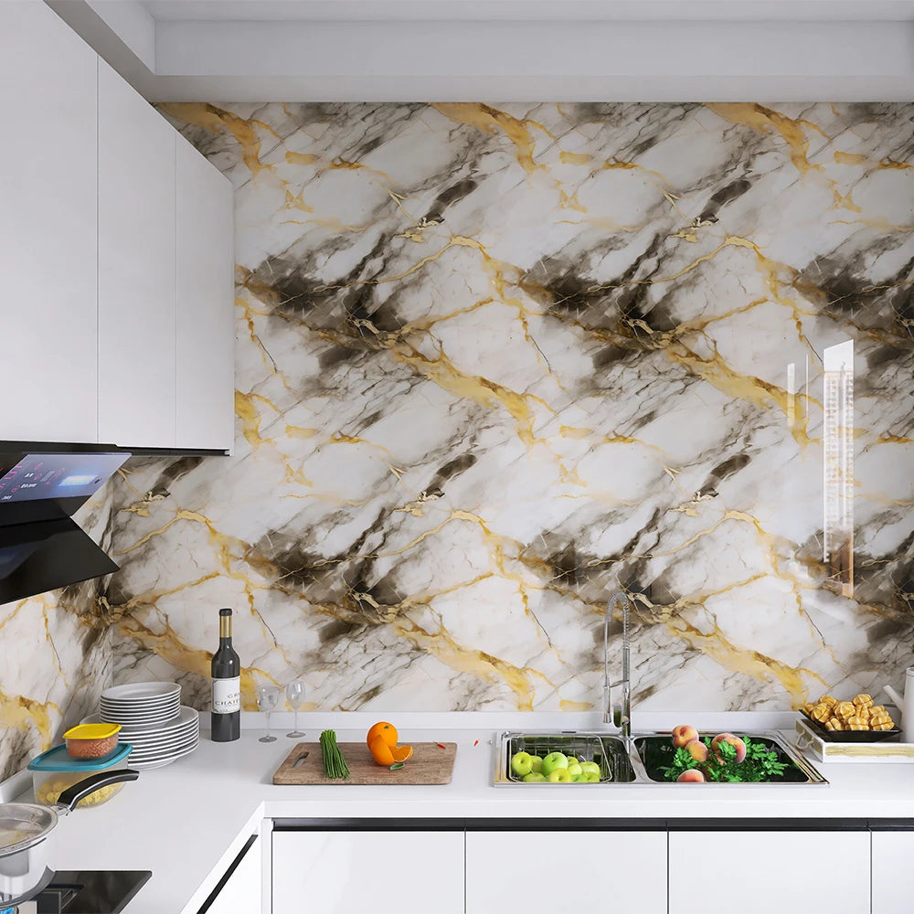 Marble oil resistant 40cm kitchen sticker self-adhesive waterproof cabinet stove top wallpaper desktop bathroom decoration