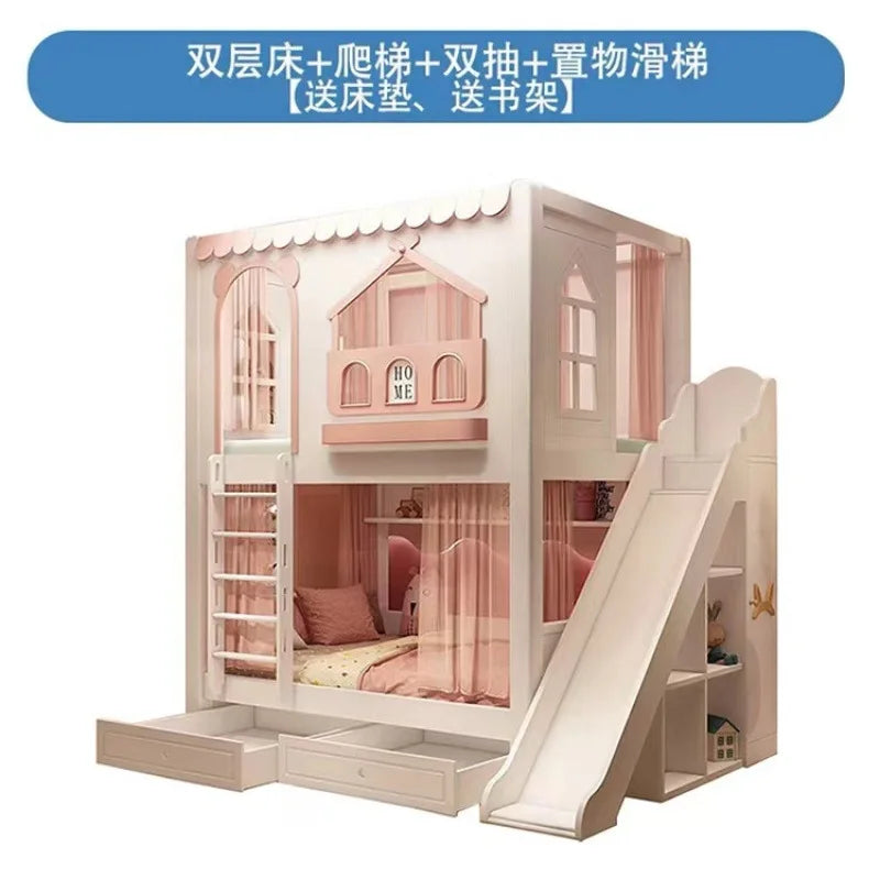 Customizable girl princess bunk bed two-story high-low sister high guardrail slide elevated bed