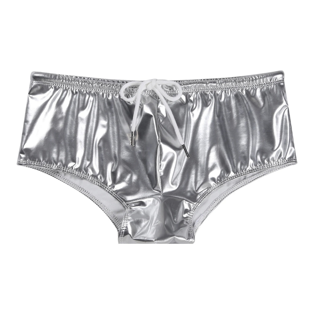 Men Swimming Trunks Wet Look Patent Leather Shorts Short Pants Low Rise Drawstring Boxer Shorts Beach Swimwear Party Clubwear