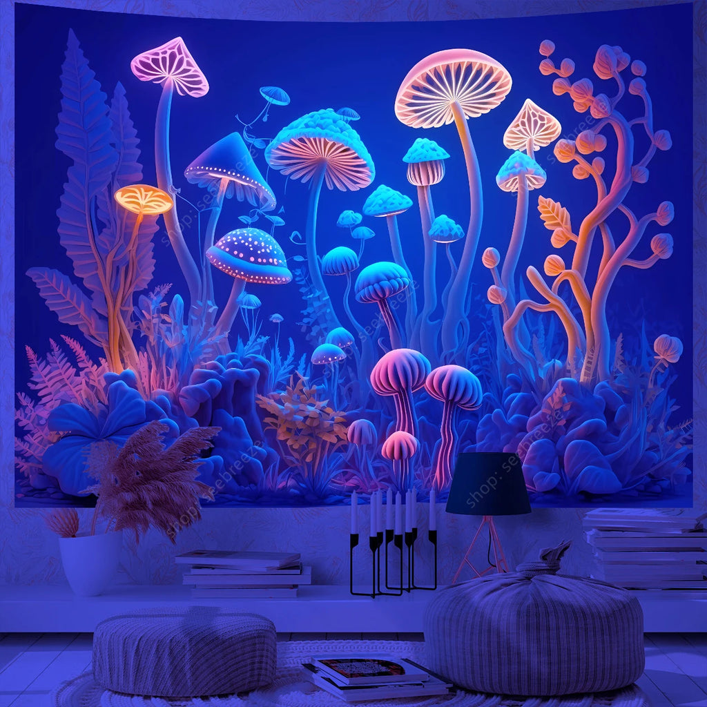 Fantasy Mushroom UV Reactive Tapestry Beautiful Floral Plant Tapestry Wall Hanging Gothic Home Wall Decor Room Decor Aesthetic
