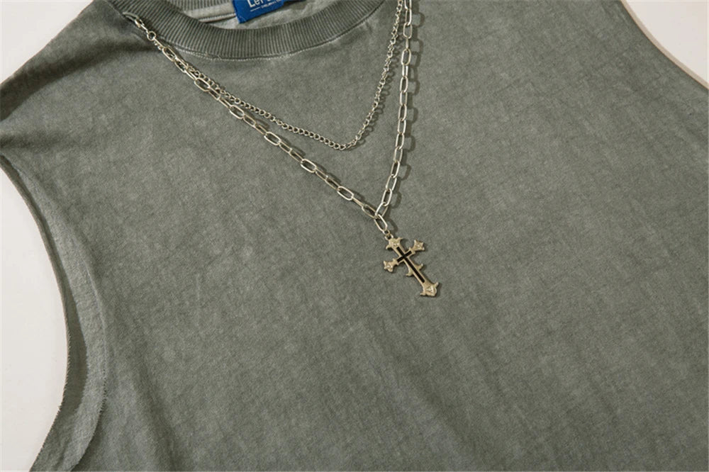 Hip Hop Tank Tops Men's Vintage Washed Sleeveless T-Shirt Hole Harajuku Dancing Breathable Tops with Necklace Streetwear
