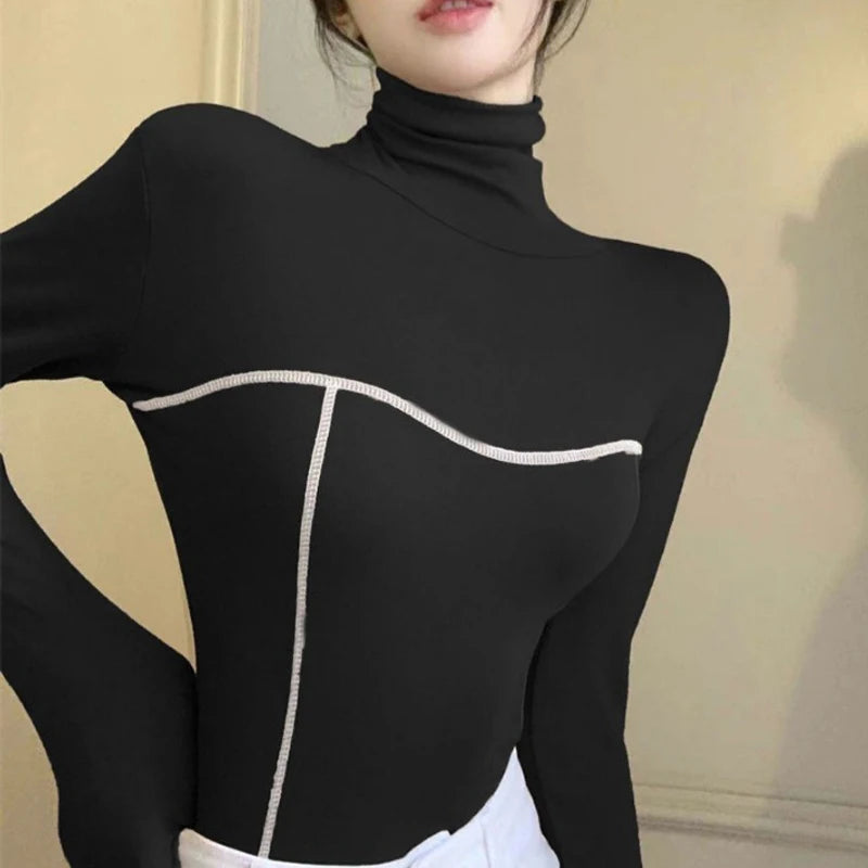 Women's Clothing Autumn Winter Korean Fashion High Collar Y2K Sexy Basic T-shirts Elegant Chic Black White Long Sleeve Slim Tops