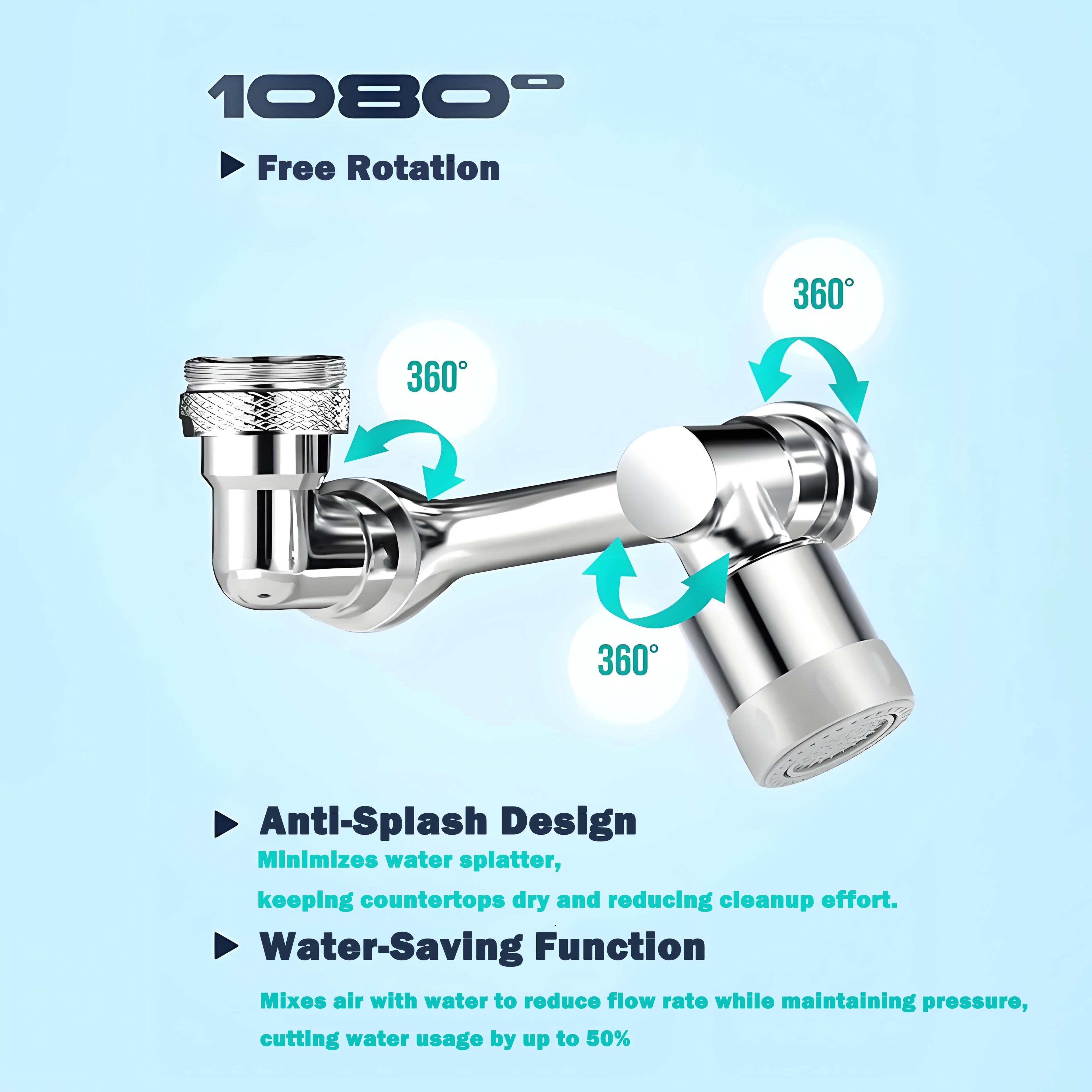 Universal 1080° Swivel Kitchen Faucet Extender with Dual Spray Modes Flexible Arm and Aerator Nozzle for Easy Sink Cleaning