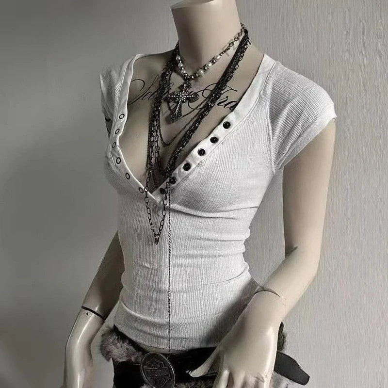 Euramerican Fashion Popular Sexy V Neck Short Sleeve T Shirts Y2k Aesthetic Rivet Nail Slim Punk Women Clothes High Street Tops