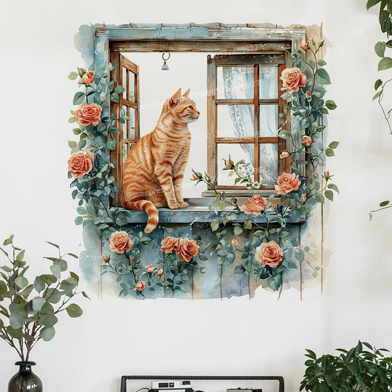 Cartoon Cat Window Wall Sticker Living Room Sofa Background Decoration Wallpaper For Home Decor Kids Room Art Decals M984
