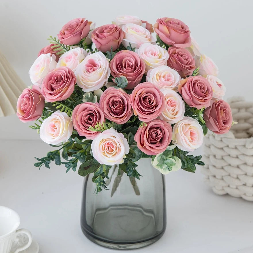 Artificial Flowers Nordic Rose Silk Wedding Home Bridal Bouquet Outdoor Courtyard Table Decoration Party DIY Gift Shooting Props