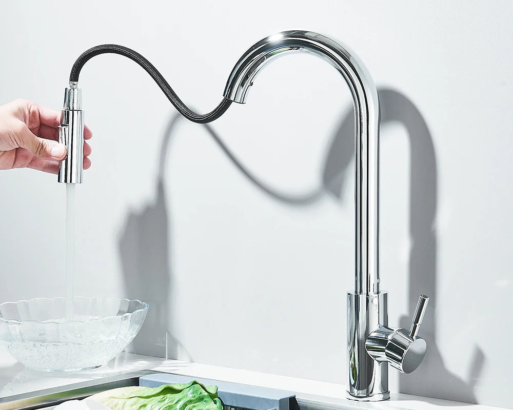 Pull Down Kitchen Sink Faucet Pull Out Two Function Single Handle Hot and Cold Water Mixer Taps Deck Mounted