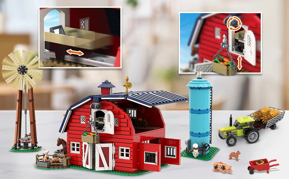 Farm Barn Building Set with Light-with Windmill Tractor Horse Animals Big Barn Construction Toy Brick Kit for Adults Teens 8+