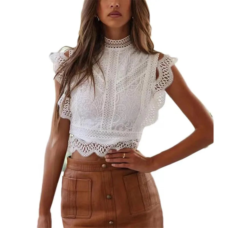 Summer Sexy Lace Hollowing Out Top Woman's Fashion Solid Color O-neck Sleeveless Blouses Ladies Foreign Styl Versatile Shirts