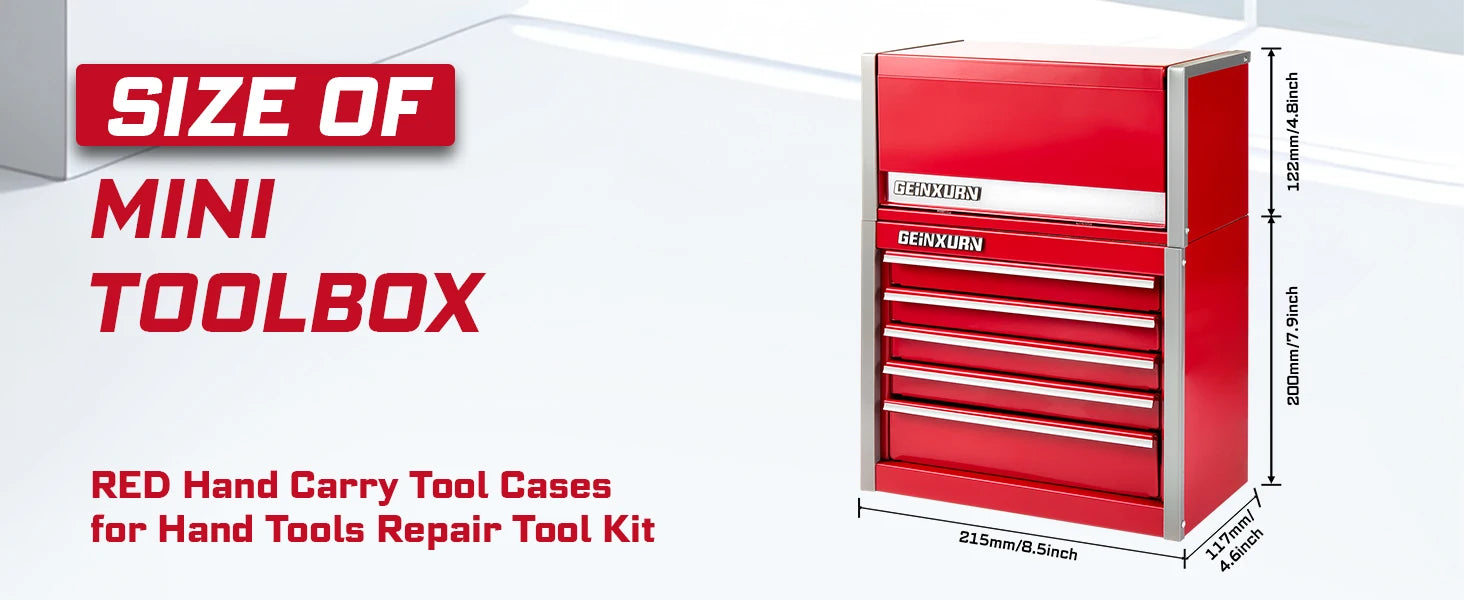 Geinxurn Mini Tool Box, Red Portable 3 or 5 Drawer Micro Roll Cab Steel Stackable Tool Cases with Magnetic Tab Locking