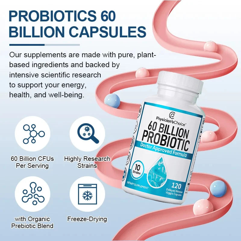 Probiotics 60 Billion CFU - 10 Strains + Organic Prebiotics, Immune, Digestive, Gut Health, Supports Constipation, Gas, Bloating