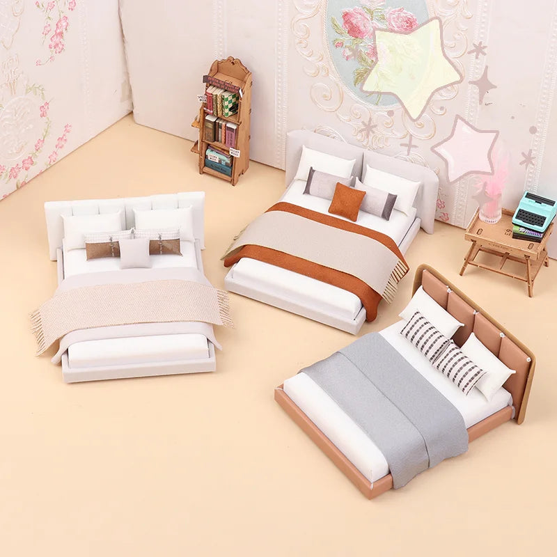 Dollhouse Cream Color Double Bed Model For Bedroom Micro Landscape Scene Miniature Furniture Doll Accessories