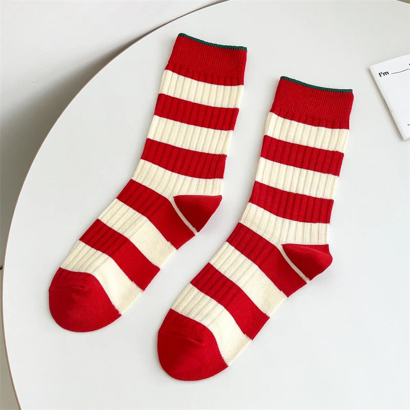 Socks For Women New Fashion Autumn Striped Cotton Long Socks Breathable Soft Korean Style Cute Embroidery Girls Casual Comfort