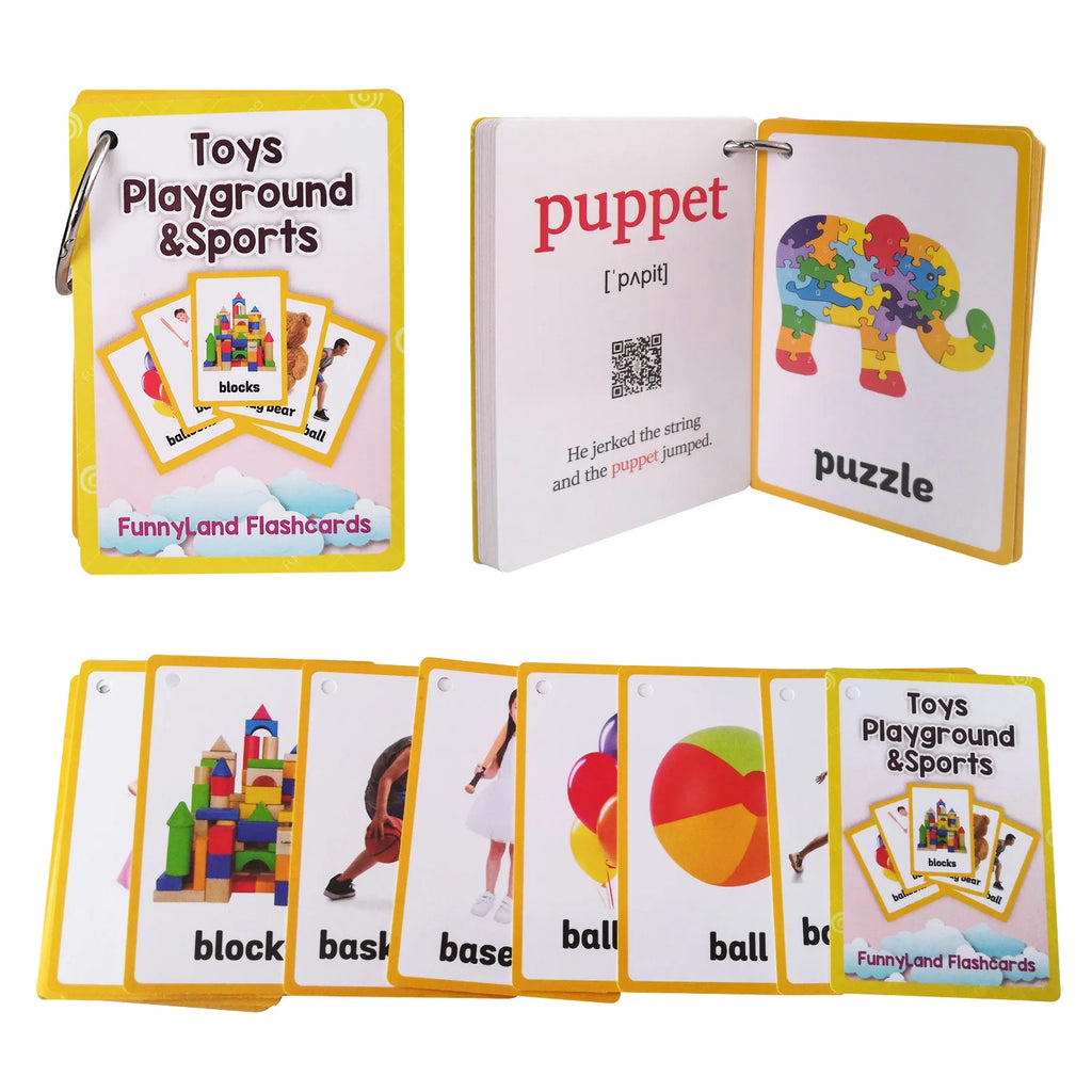 26Pcs Toy Playground & Sports Theme English Flashcards for Kids Children Homeschool Vocabulary Early Educational Cognitive Cards