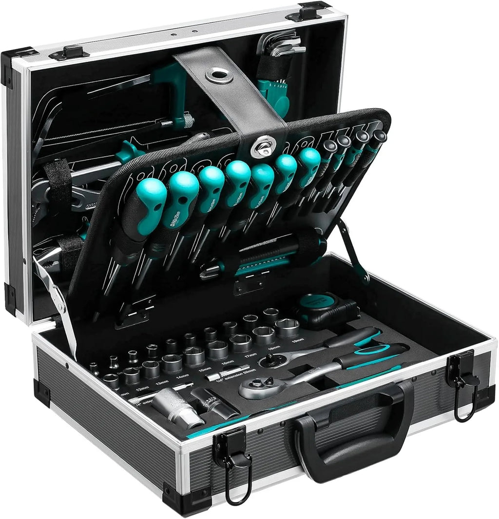 Tool Box Filled 107-Piece Tool Set, Portable Tool Storage Box with Metal Lock, Aluminum Alloy Hard Craftsman Tool Organizer Case