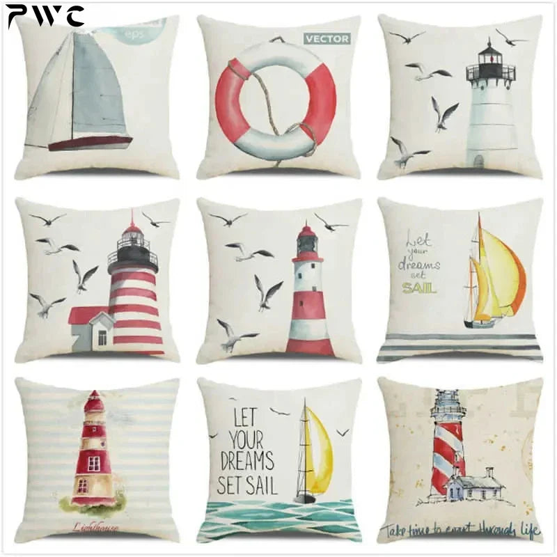 Throw Pillow Cover Watercolor Lighthouse Navigation Ocean Seagull Boat Home Sofa Cushion Cover Home Decor Pillowcase 40x40 Cm
