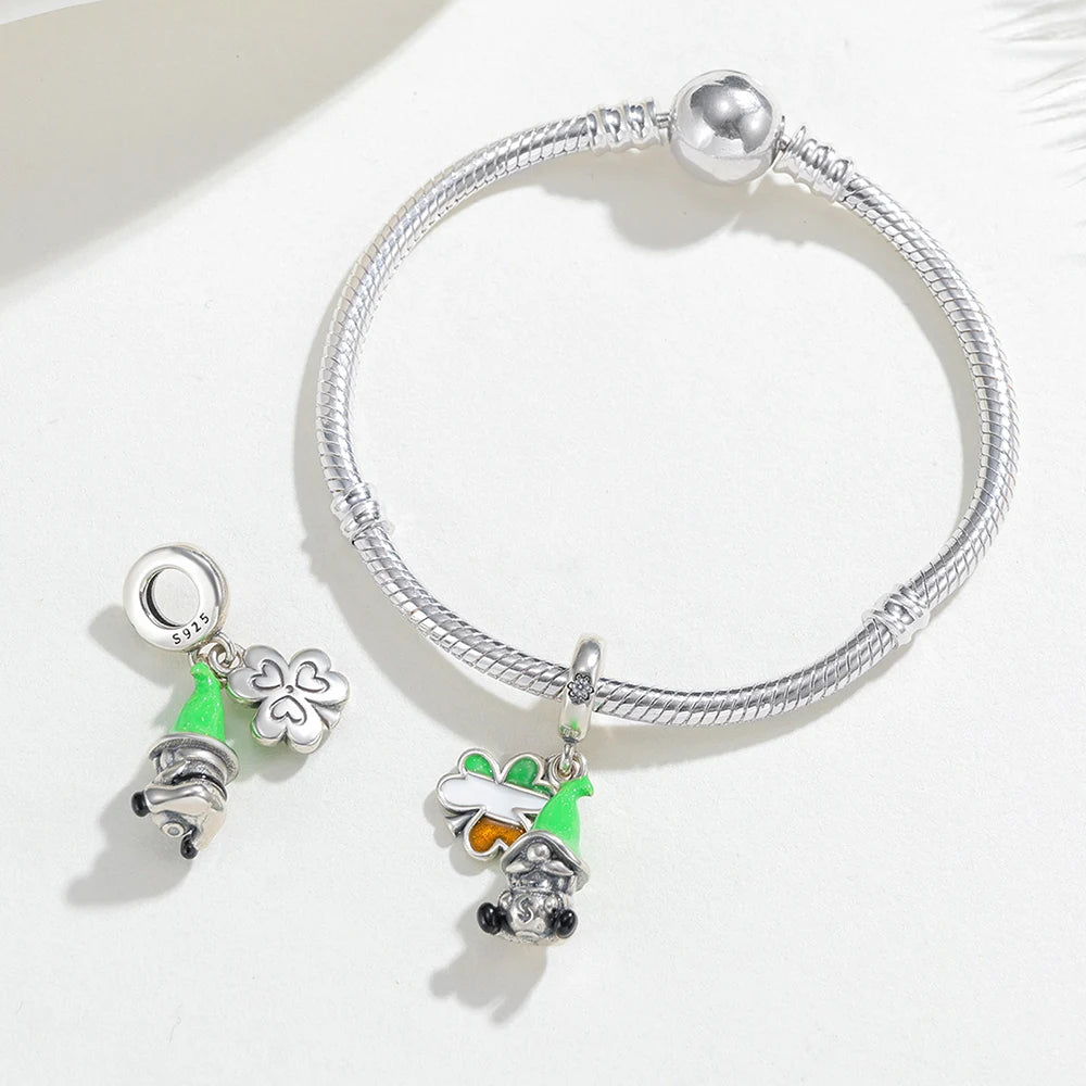 Saint Patrick's Day 925 Sterling Silver Green Hat Elf Dwarf Pendant Fit Women Bracelet DIY Fine Jewelry Valentine's Day Gift