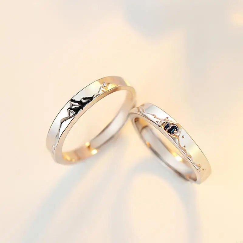 2 Pcs Couple Rings Mountains Seas Ring Jewelry Set Adjustable His Her Matching Ring for Lover