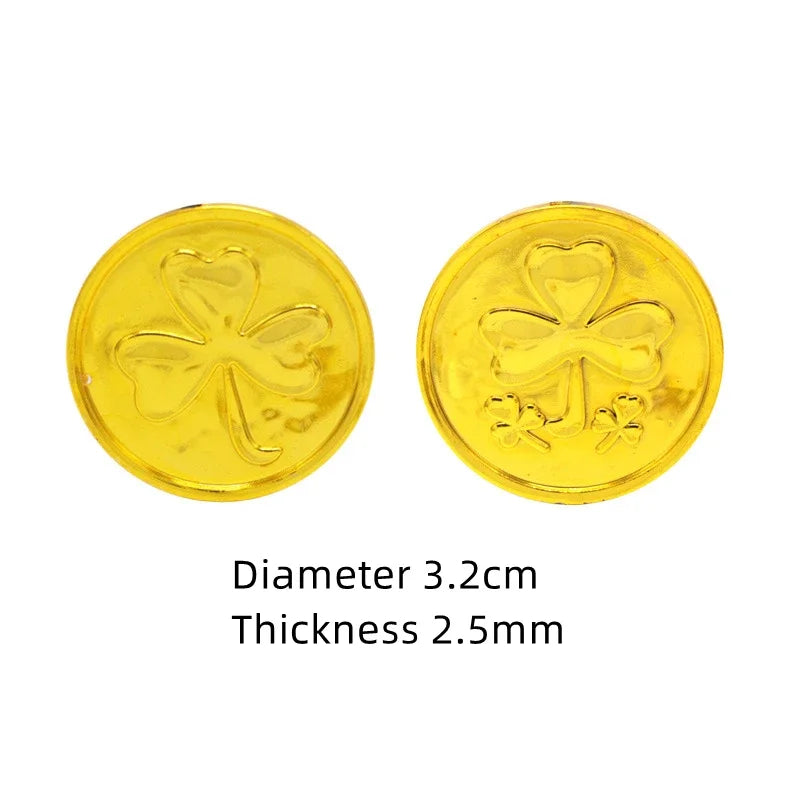 10/25/50pcs St Patrick Day Coin Props Green Clover Pattern Coin Fake Treasure Plastic Simulation Kids Festival Party Gifts Coin