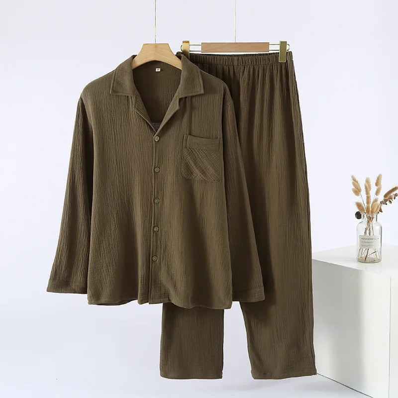Men's Sleepwear Clothes for Spring and Autumn Cotton Double-layer Cardigan Loose Oversized Long Sleeved Pants Home Clothes