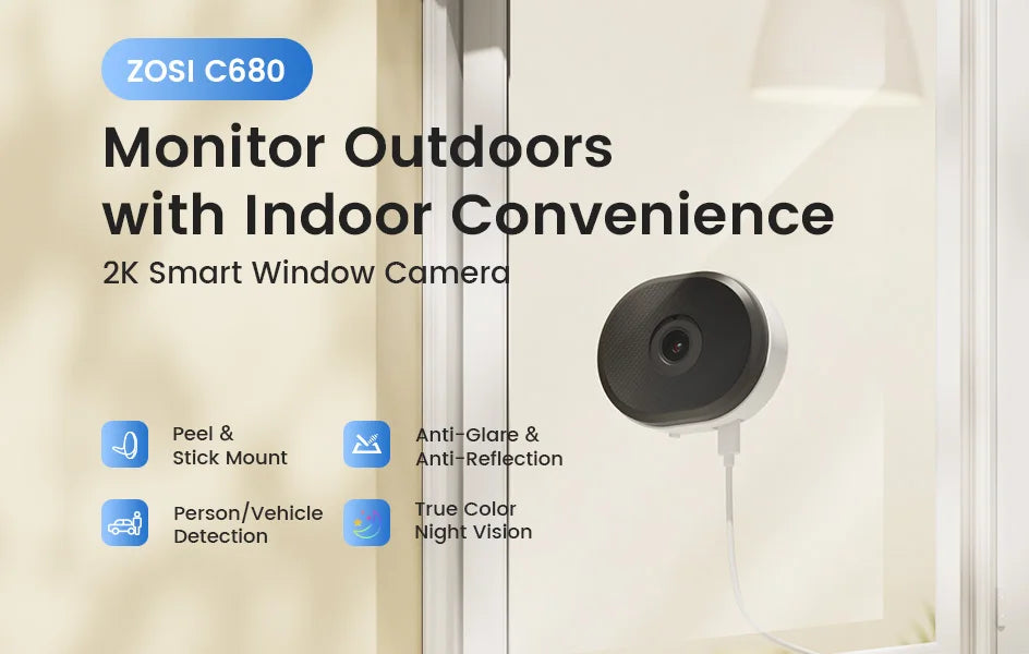 ZOSI C680 3MP Window Security Camera Full Color Night Vision 2K Indoor Plug-in WiFi Surveillance Camera for Home Security